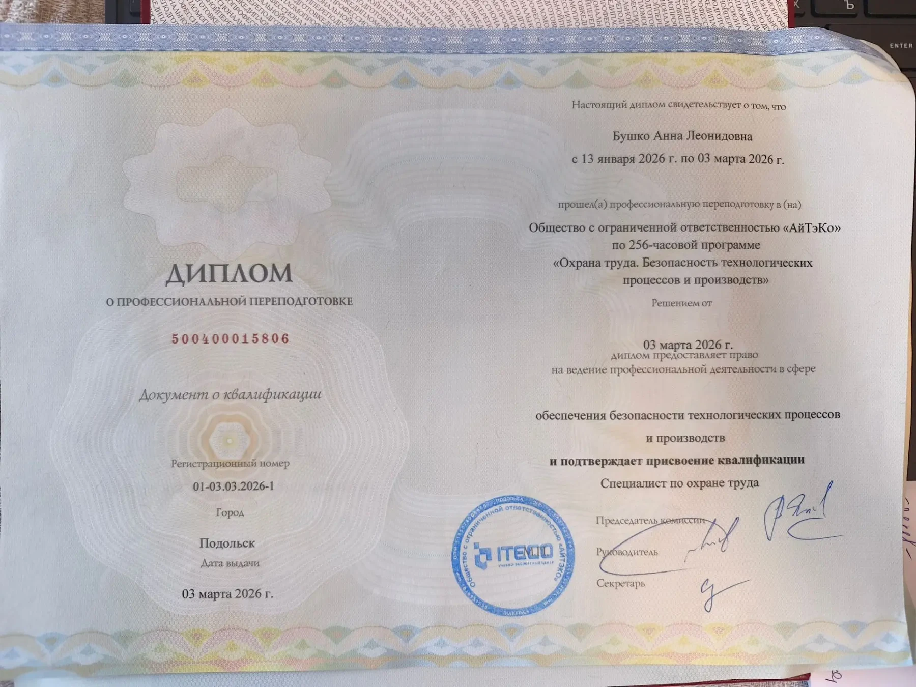 Диплом о профессиональной переподготовке Бушко Анны Леонидовны, 2026 год